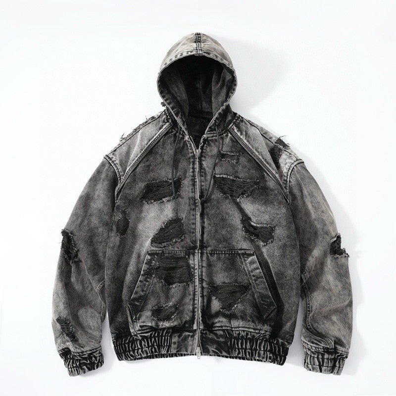 Juun.j Men's And Women's Spring And Fall Fashion Casual Washed And Old Destruction Denim Hooded Zipper Jacket Ngvp #7788