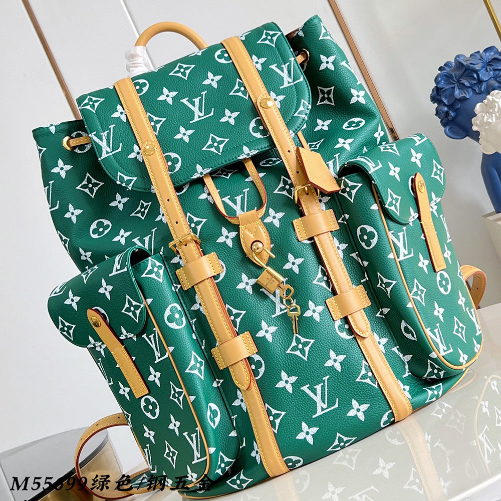 Louis Vuitton Christopher Monogram Taurillon Cow Leather Backpack Lv Men's Backpack With Floral Monogram In Blue Green And Yellow Bags #82792A