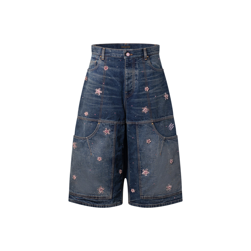 Louis Vuitton Men's and Women's Fashion Casual V Neck Embroidered Kimono Style Long Sleeve Denim Jacket  Embroidered Workwear Denim Shorts Suit Set #78735