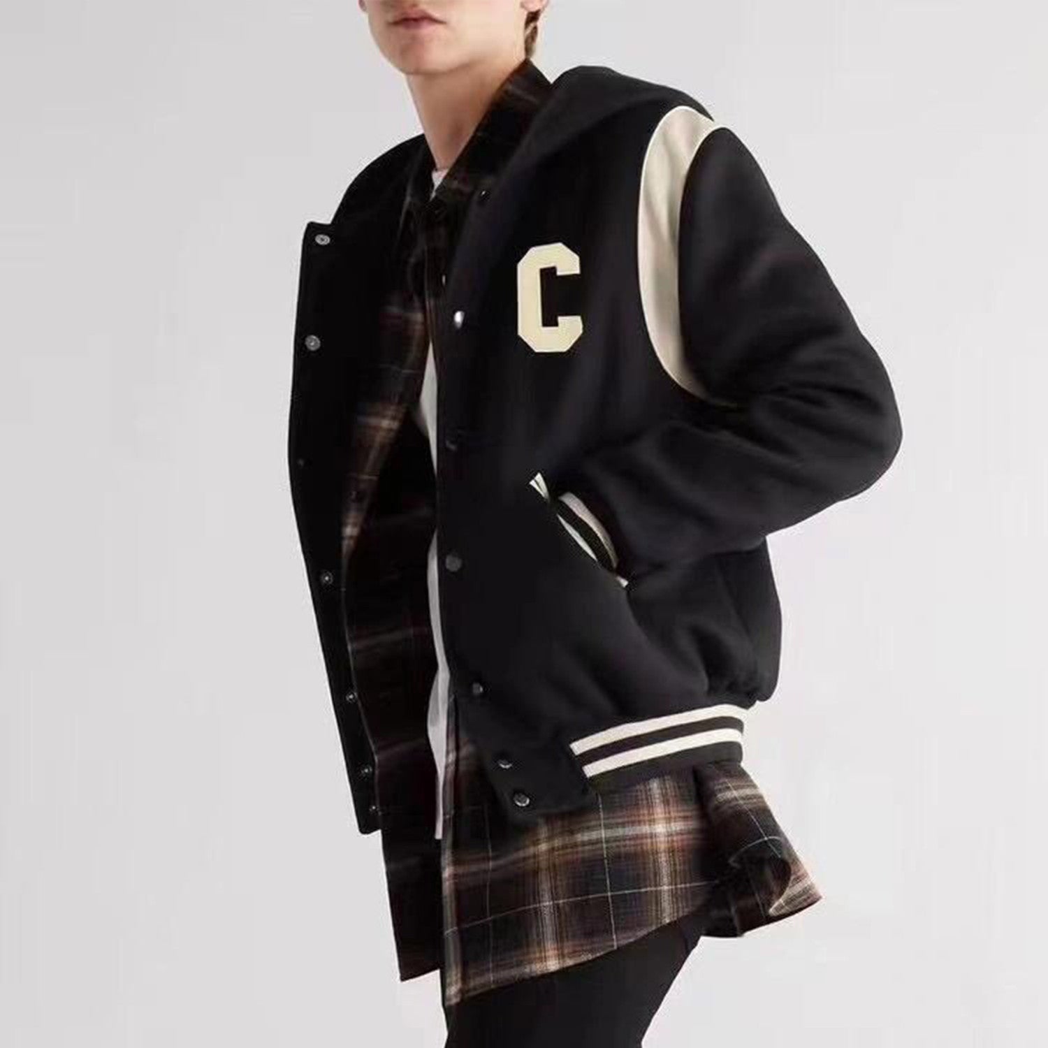 Celine Men's Spring And Autumn Colour Blocking Casual Single-breasted Jacket Logo Wool Blend Hooded Baseball Coat Jacket #71844