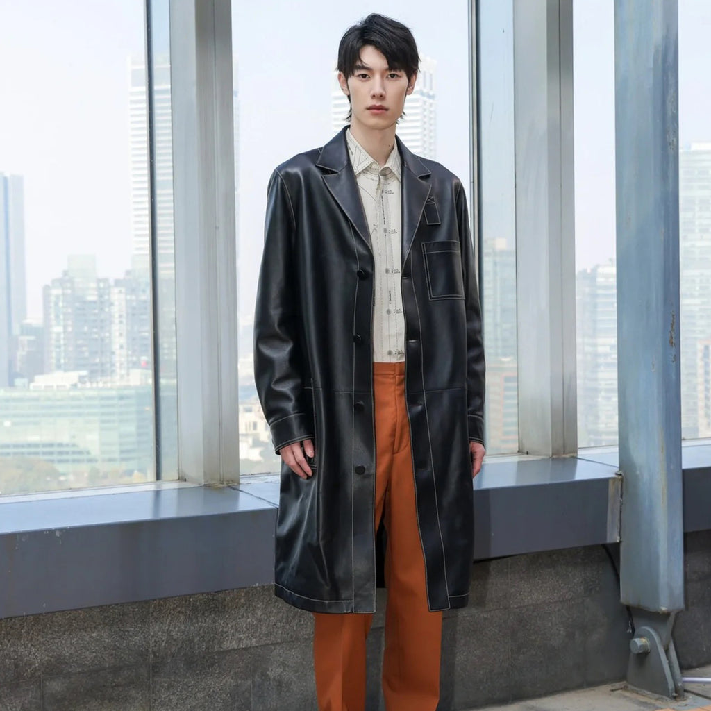 Fendi Men's Fall And Winter Black Long Sheepskin Jacket Fashion Bright Line Retro Single-breasted Luxury Leisure Jacket Coat Ngvp #8948