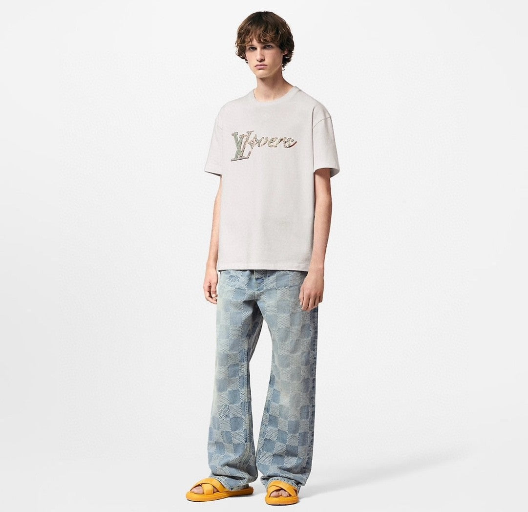 Louis Vuitton Men's Summer Embroidery Beaded Letter Logo White Round Neck Short Sleeve T-Shirt #99737