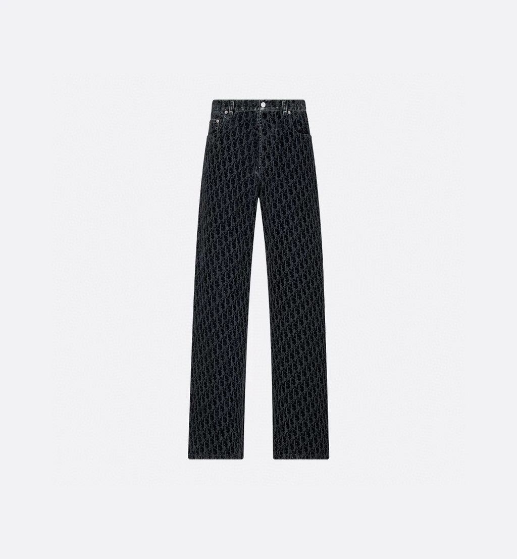 Dior Men's Dior And Kaws Collection Four-Season Cotton-Blend Solid-Color Button-Fly Flocked Denim Pants #81751