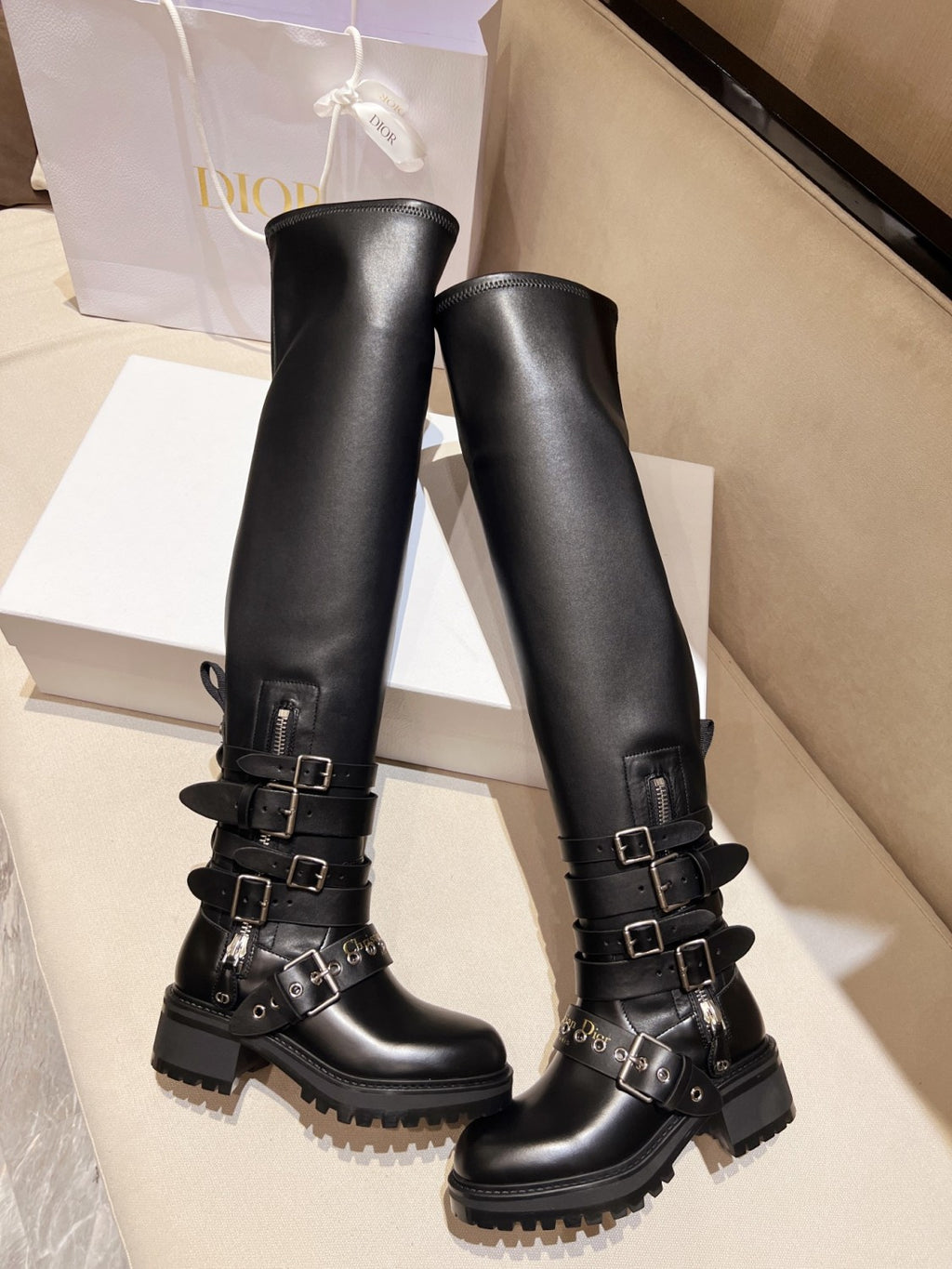 Dior D-Fight Women's Fall/Winter Classic Fashion Round-Toe Zipper Chunky Heel Leather Over-the Knee Boots Shoes #78766
