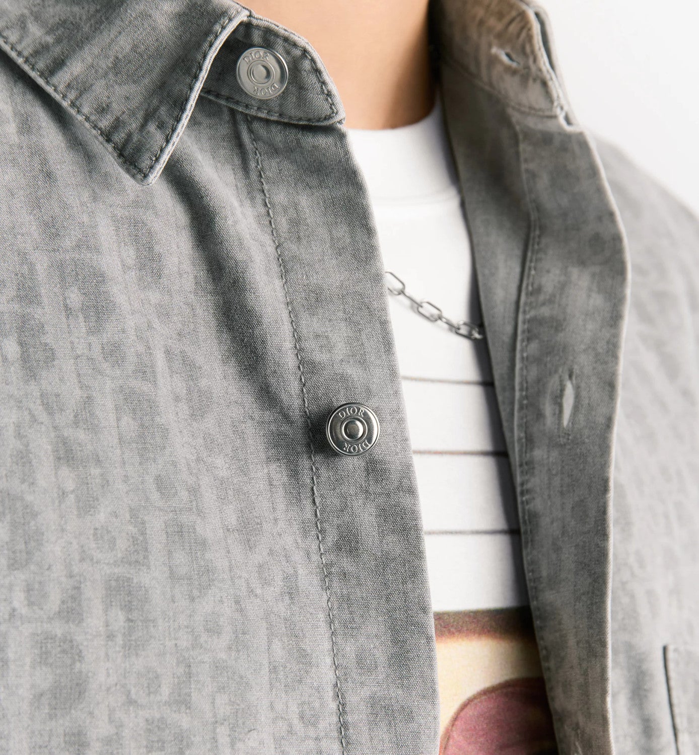 Dior Men's Spring Summer Grey Cotton Denim Oblique Printed Lapel Single Breasted Shirt Denim Straight Wide Leg Shorts Set Suit  #81256