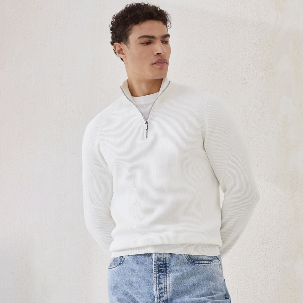 Brunello Cucinelli Men's British-Style Ribbed Cotton Knit Sweater Spring/Fall/Winter Half-Zip High-Neck Solid-Color Long-Sleeve Sweater Ngvp #2525