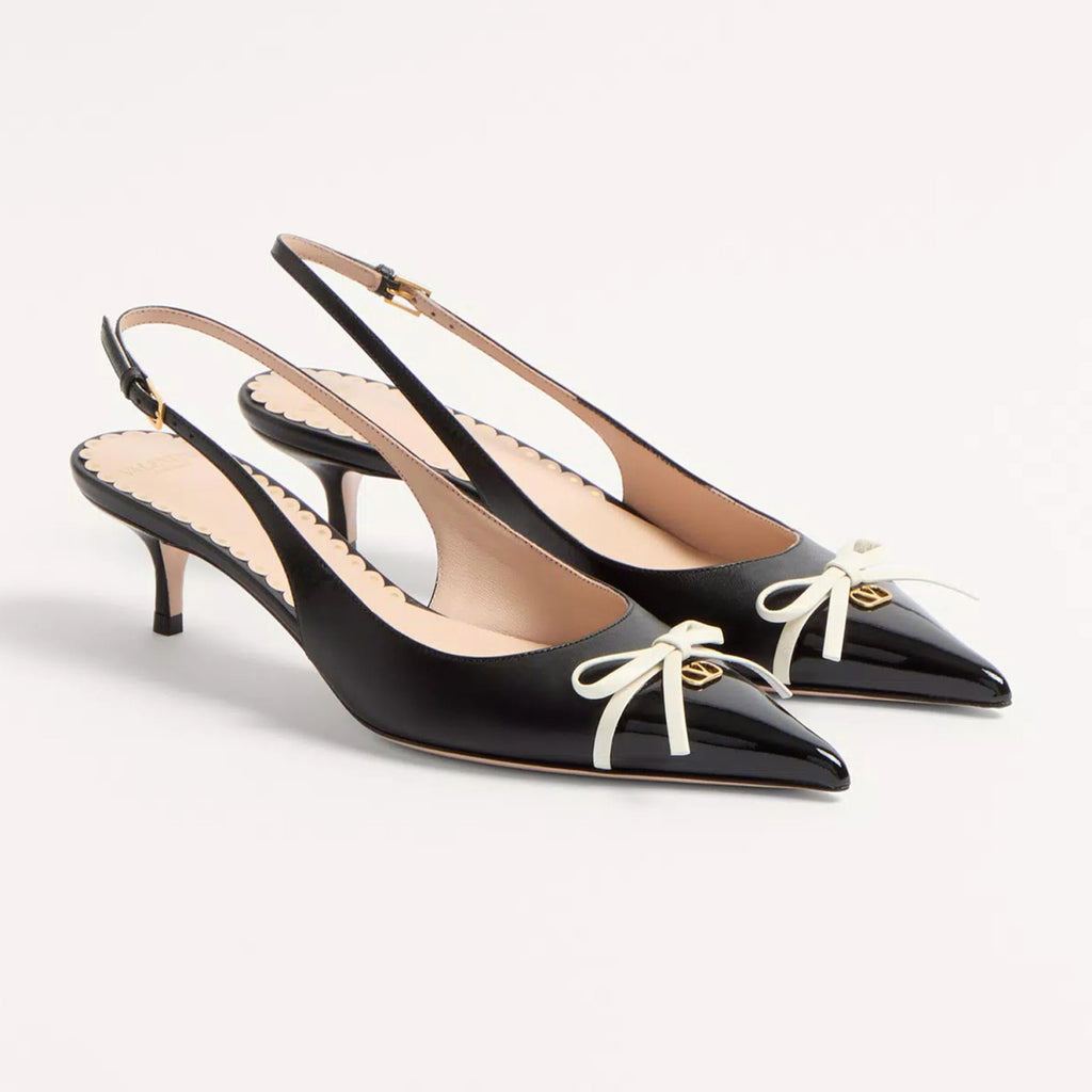 Valentino Bepointy Slingback Pump In Patent Leather And Kidskin Bow V-mark Shoes Fashionable Elegant Exquisite Luxurious Small High Heels 4cm 8cm Ngvp #2246