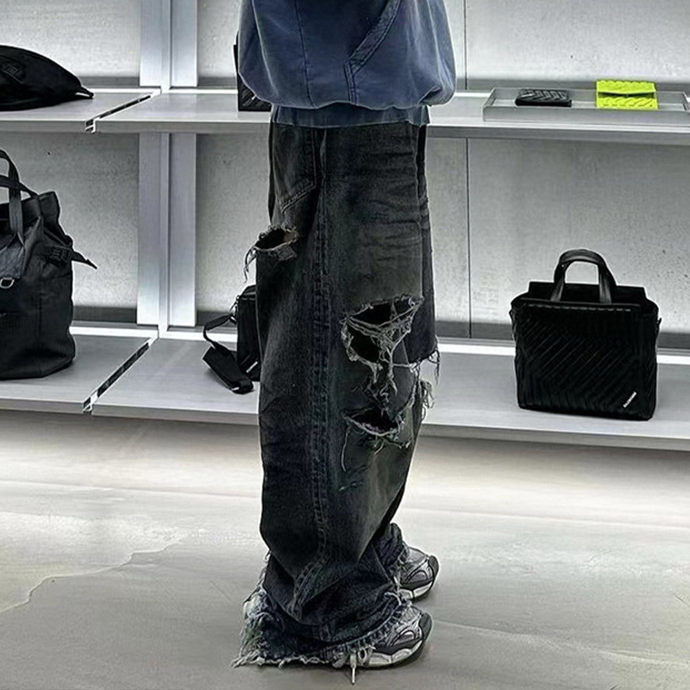 Balenciaga Men's And Women's Spring/Fall Fashion Casual Washed Distressed Relaxed Fit Ripped Jeans Pants #78978