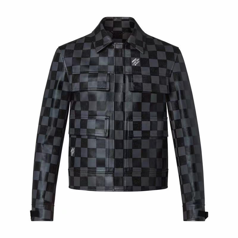Louis Vuitton Men's Fall And Winter Casual Colorblocking Checkerboard Leather Jacket Letter Logo Temperament Jacket #6238