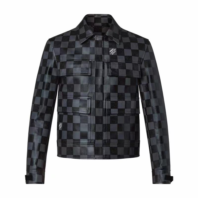 Louis Vuitton Men's Fall And Winter Casual Colorblocking Checkerboard Leather Jacket Letter Logo Temperament Jacket #6238