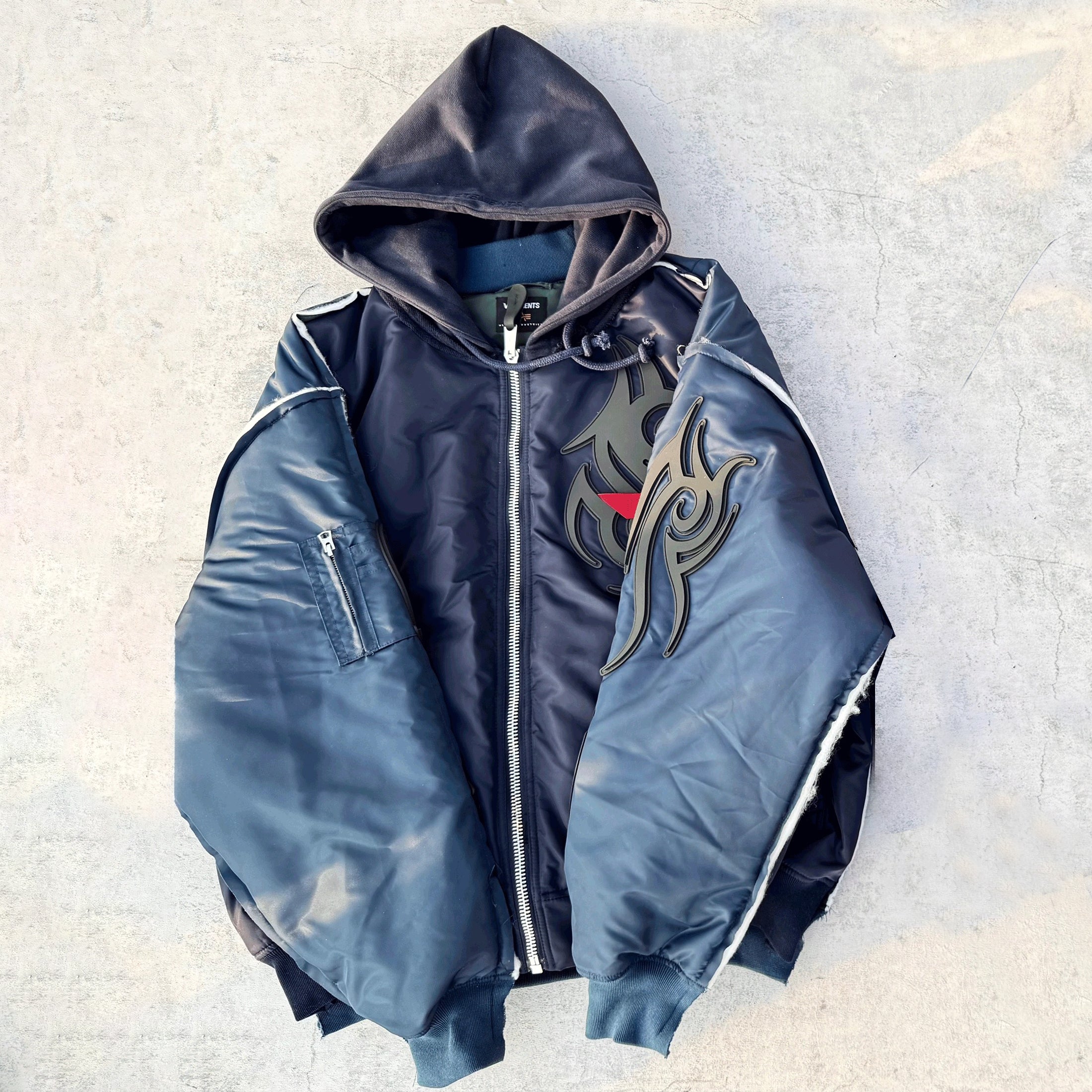Vetements Men's Autumn And Winter Blue Hooded High Street Cotton Jacket Fashion Retro Trend Applique Zip Jacket Ngvp #9939