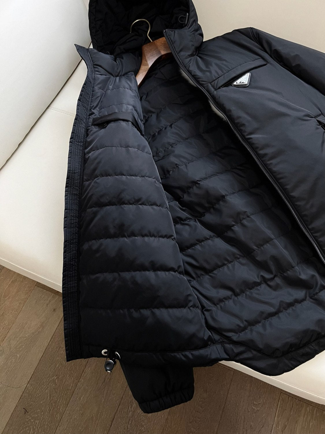 Prada Men's Autumn and Winter Solid Color Letter Logo Hooded Warm Zipper Long Sleeve Puffer Down Jacket #73422