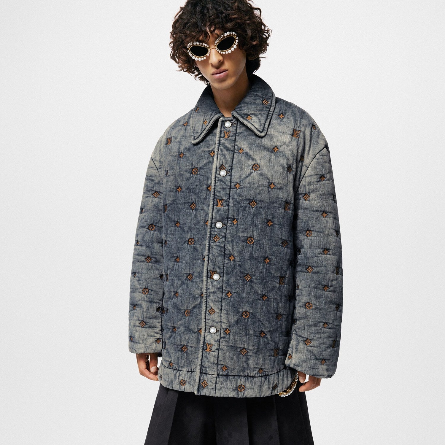 Louis Vuitton Men's Spring/Autumn Monogram Embroidered Loose Single-Breasted Cotton Blend Solid Color Long Sleeve Denim Jacket #81499