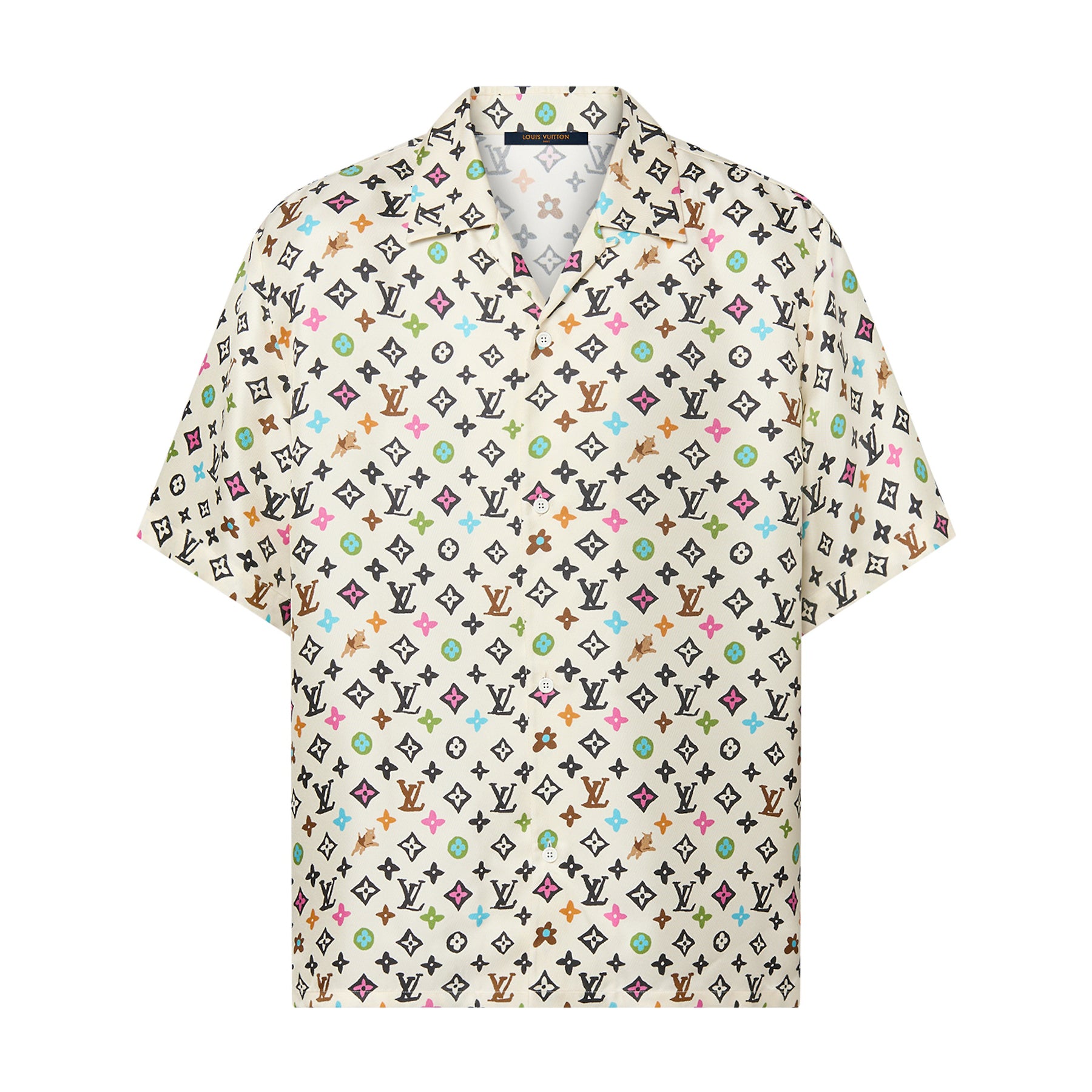Louis Vuitton Men's Summer Logo Full Print Single Breasted Silk Short Sleeve Shirt #99595