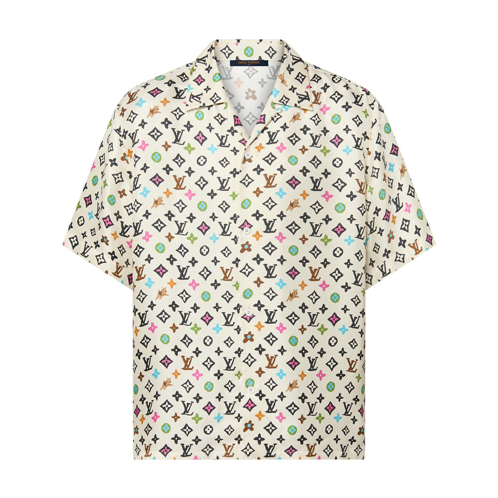 Louis Vuitton Men's Summer Logo Full Print Single Breasted Silk Short Sleeve Shirt #99595