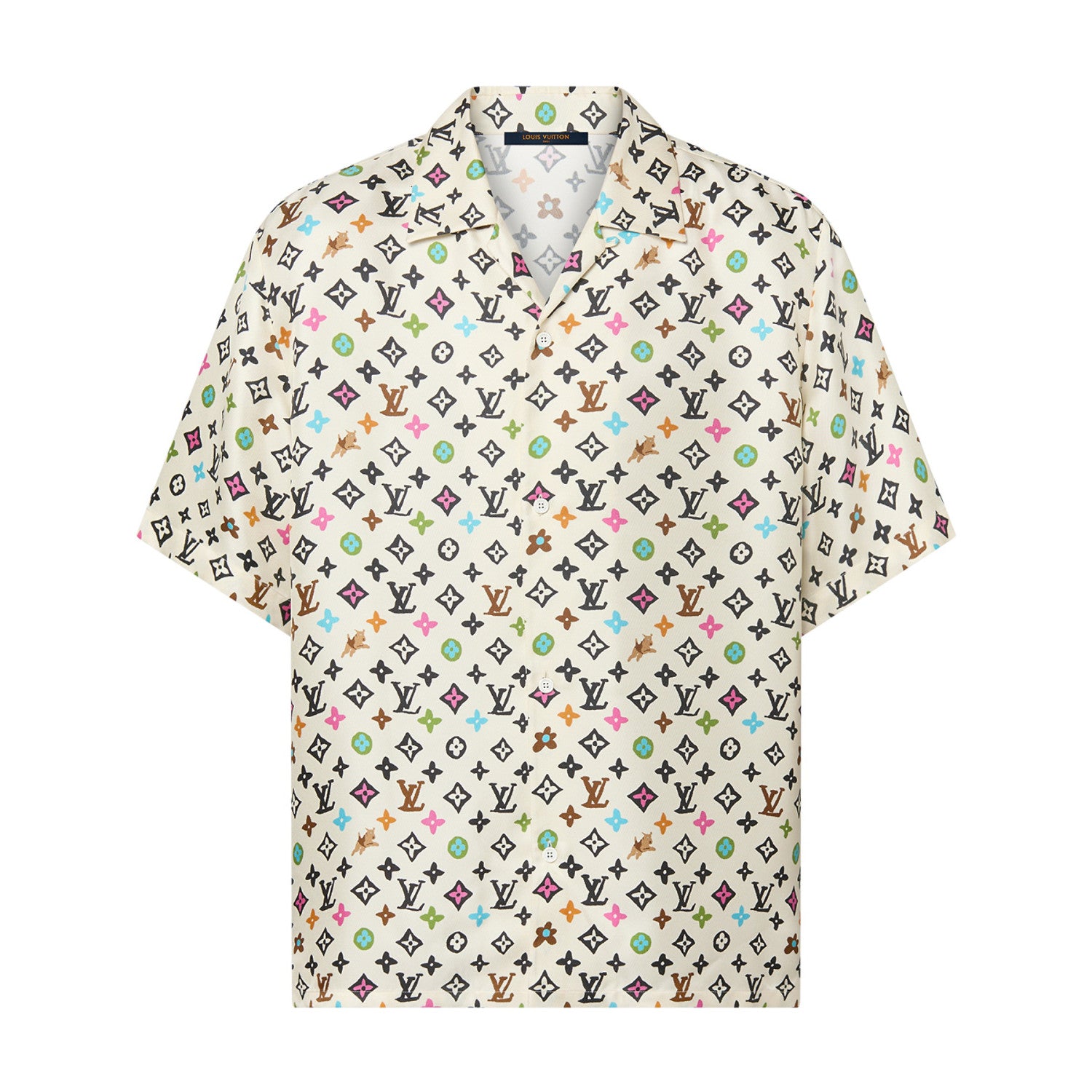 Louis Vuitton Men's Summer Logo Full Print Single Breasted Silk Short Sleeve Shirt #99595