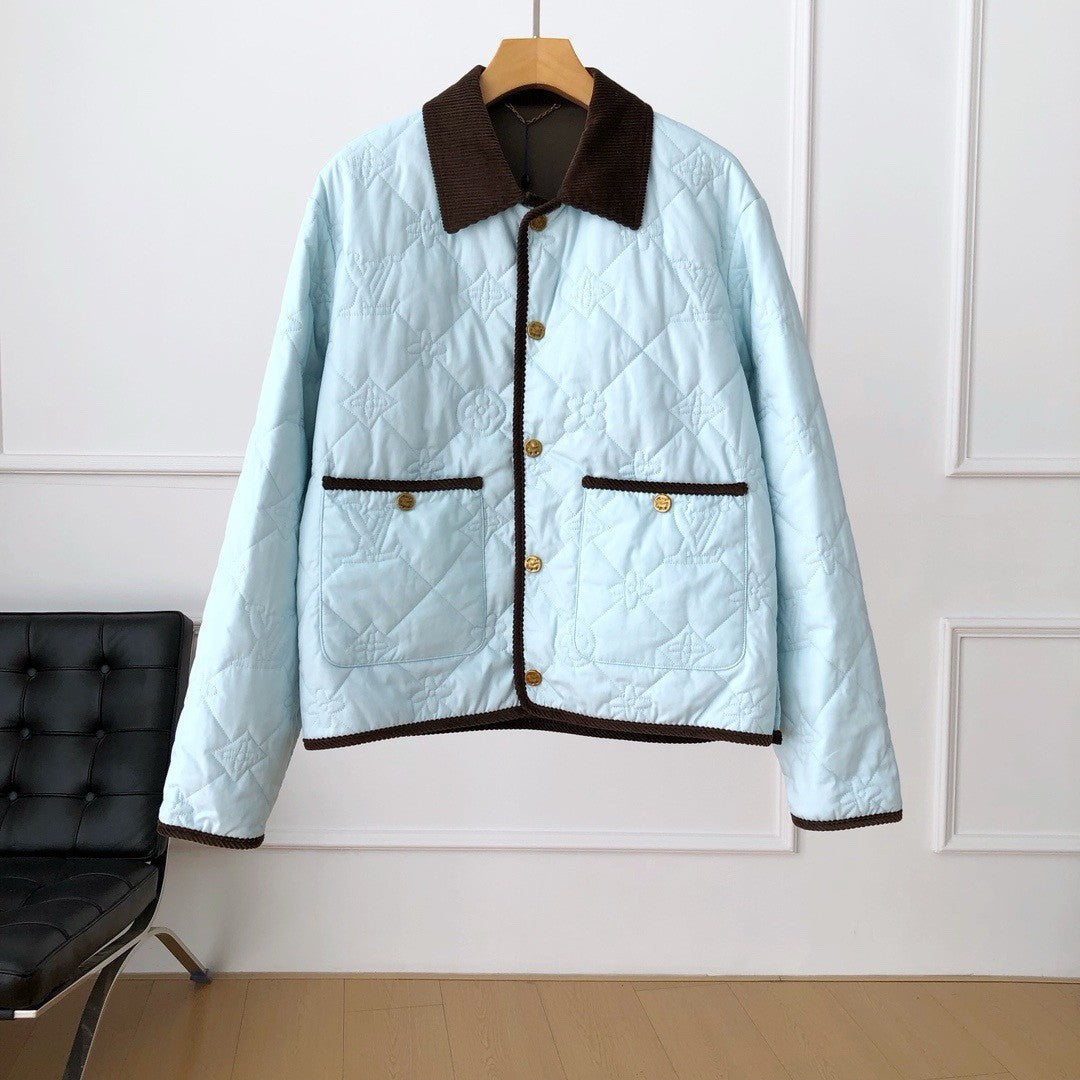 Louis Vuitton Men's Fall And Winter Light Blue Patchwork Fitted Lapel Single Breasted Long Sleeved Jacket #73568