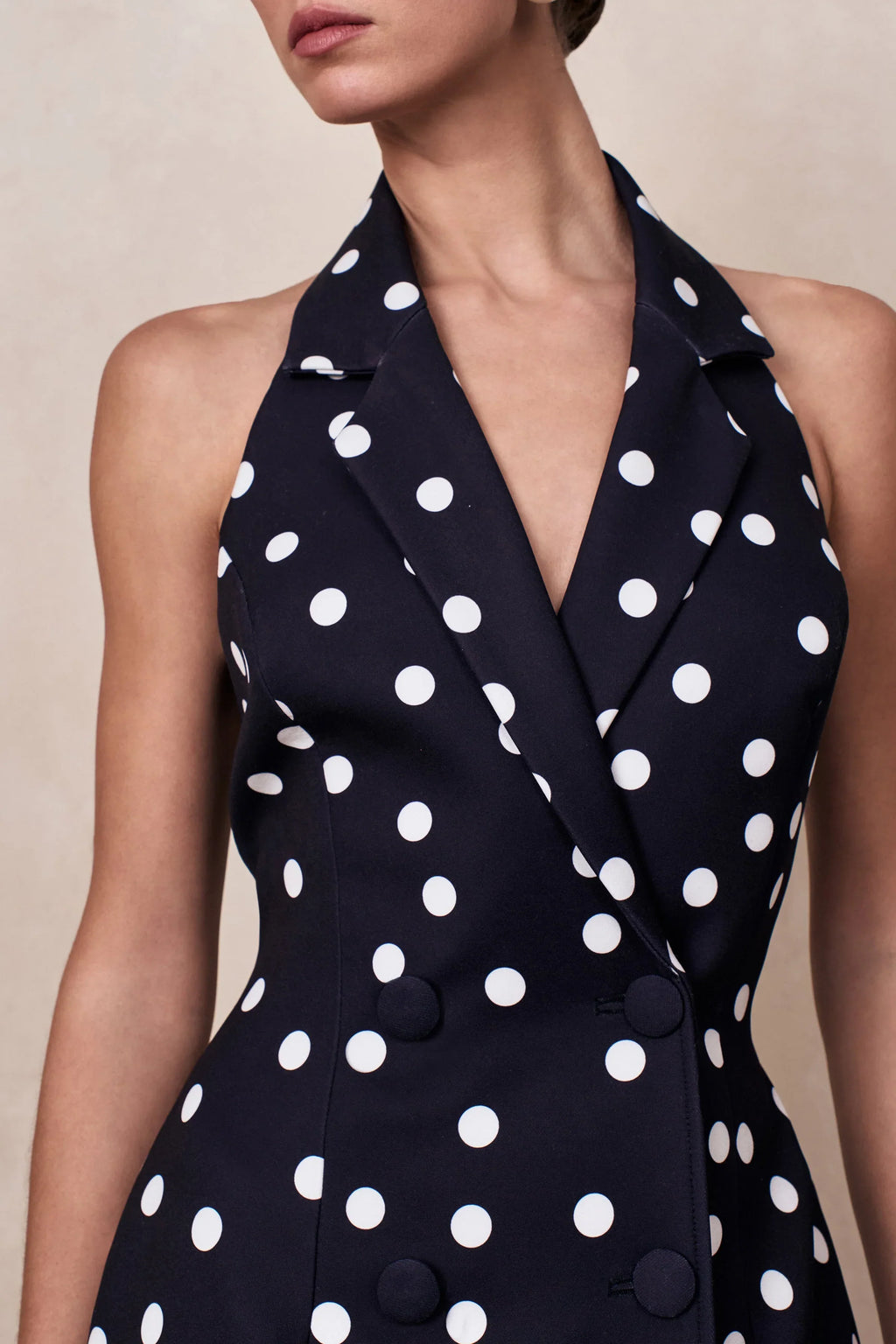 Hana | Black & White Polka Dot Plunge-Neck Tailored Maxi Dress