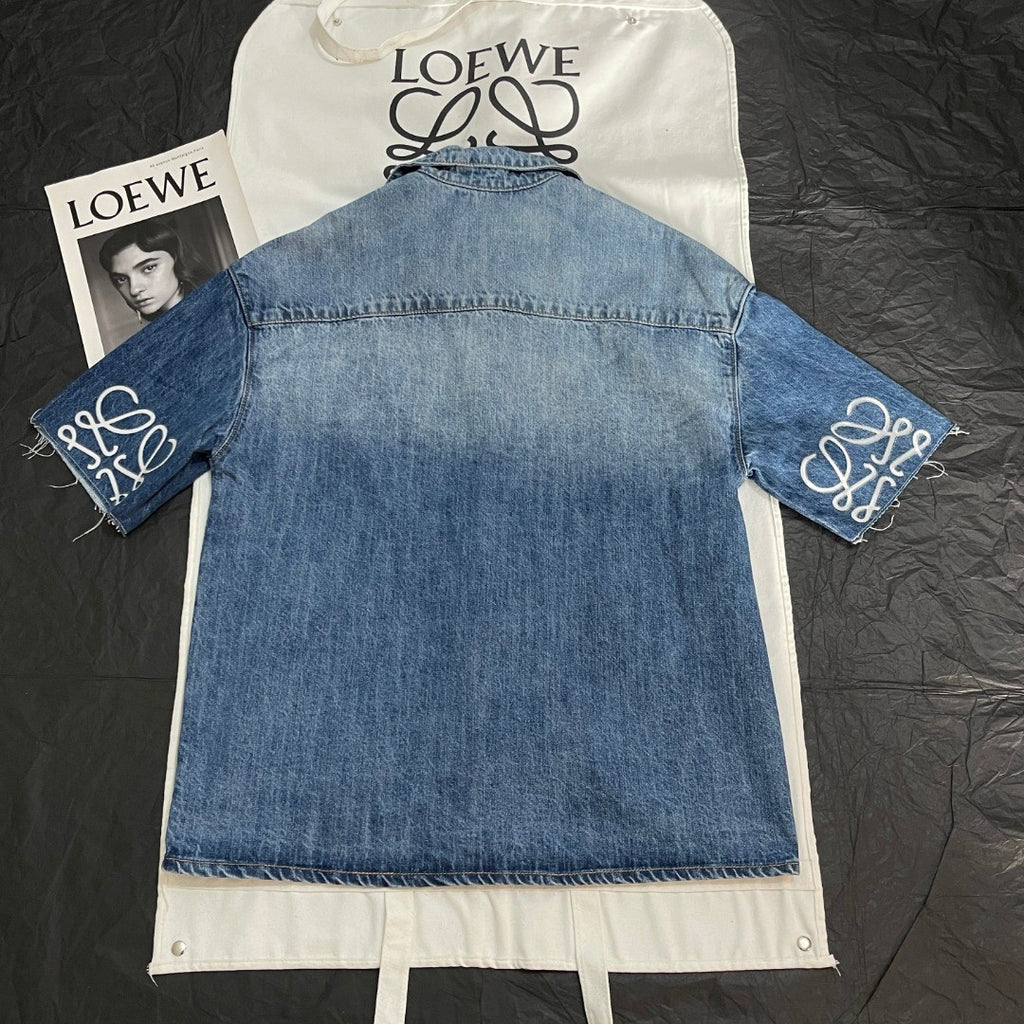 Loewe Men's Spring/Summer Fashion Casual Cotton Collared Single-breasted Patterned Printed Washed Denim Short-sleeved Shirt #78251