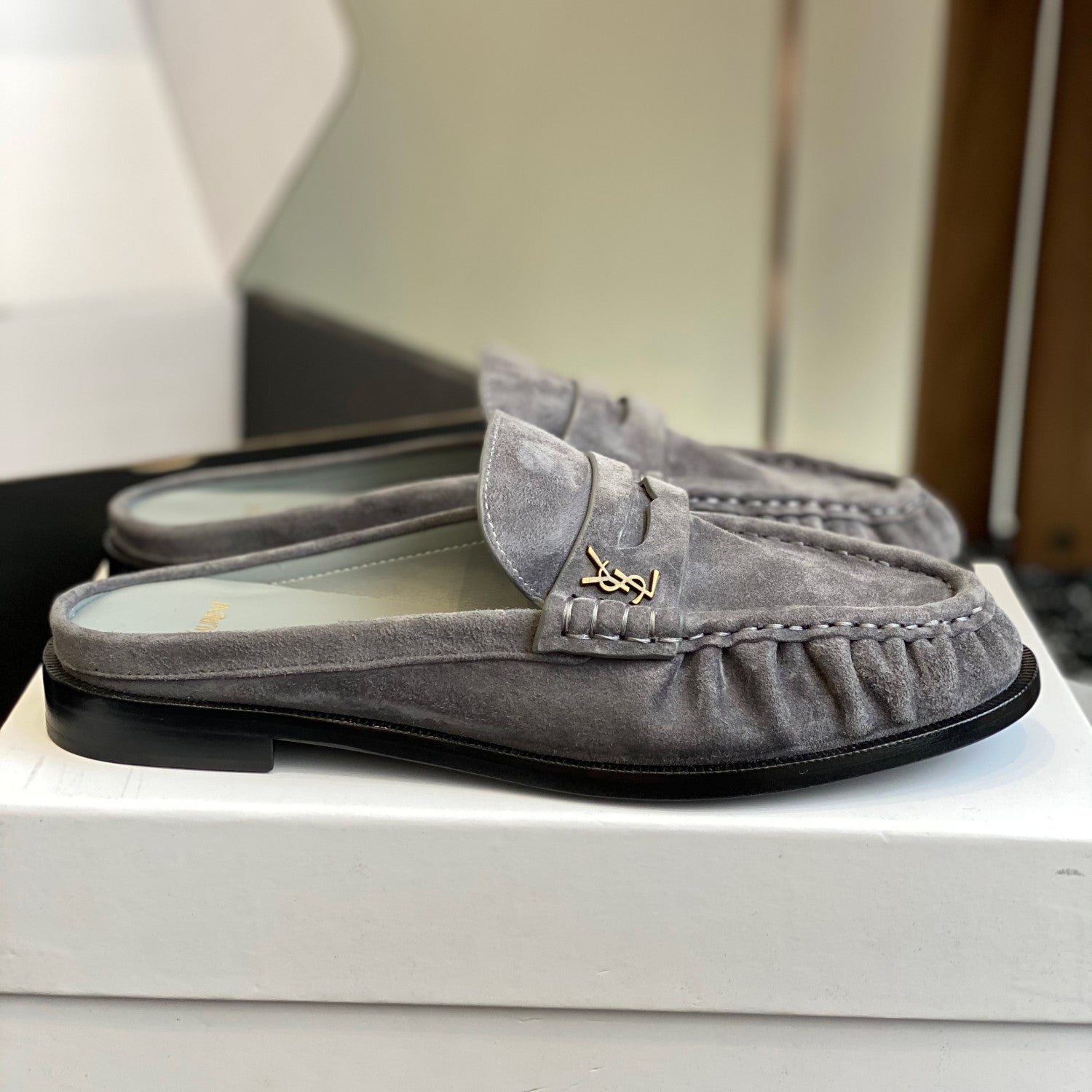 Saint Laurent LE LOAFER Women's Fashion Casual Round Toe Slip On Half Slip On Logo Leather Loafer Mule Shoes #78444