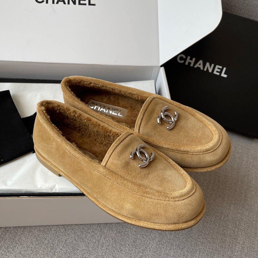Chanel Women's Fall/Winter Logo Suede Solid-Color Round-Toe Low-Top Loafers Casual Flats Shoes #81589