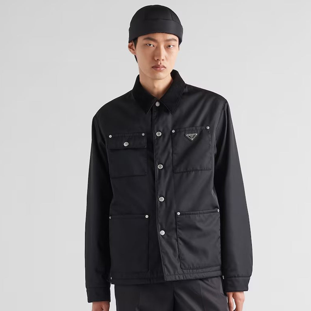 Prada Men's Spring and Fall Fashion Black Casual Lapel Multi-Pocket Long Sleeve Re-Nylon Drawstring Jacket #98711