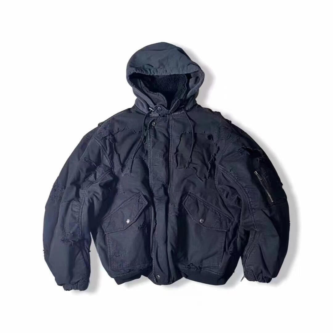 Balenciaga Men's Big Destruction Distressed Flight Suit Hooded Lamb collar zippered jacket #332593