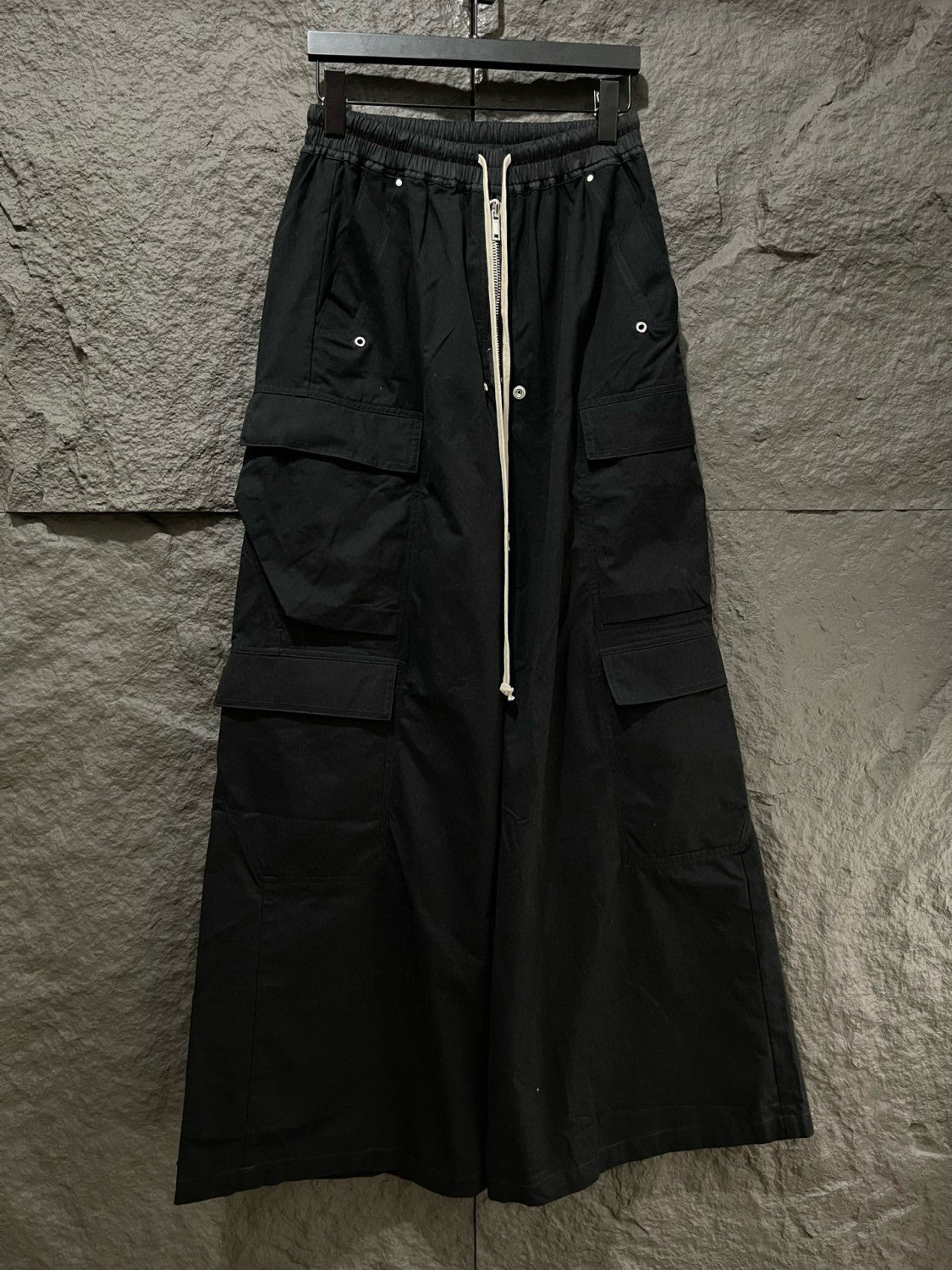 Rick Owens Men's Spring & Fall Black Multi-Pocket Drawstring Zipper Wide Leg Flared Pants #76955