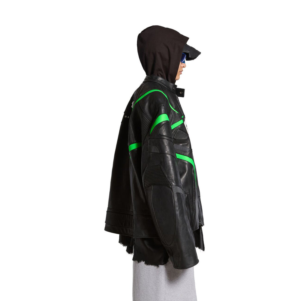 Balenciaga Men's Women's Autumn And Winter Cowhide Splicing Zipper Letters Embroidery Long Beard Loose Unity Sports Idol Black Racer Jacket Ngvp #8577