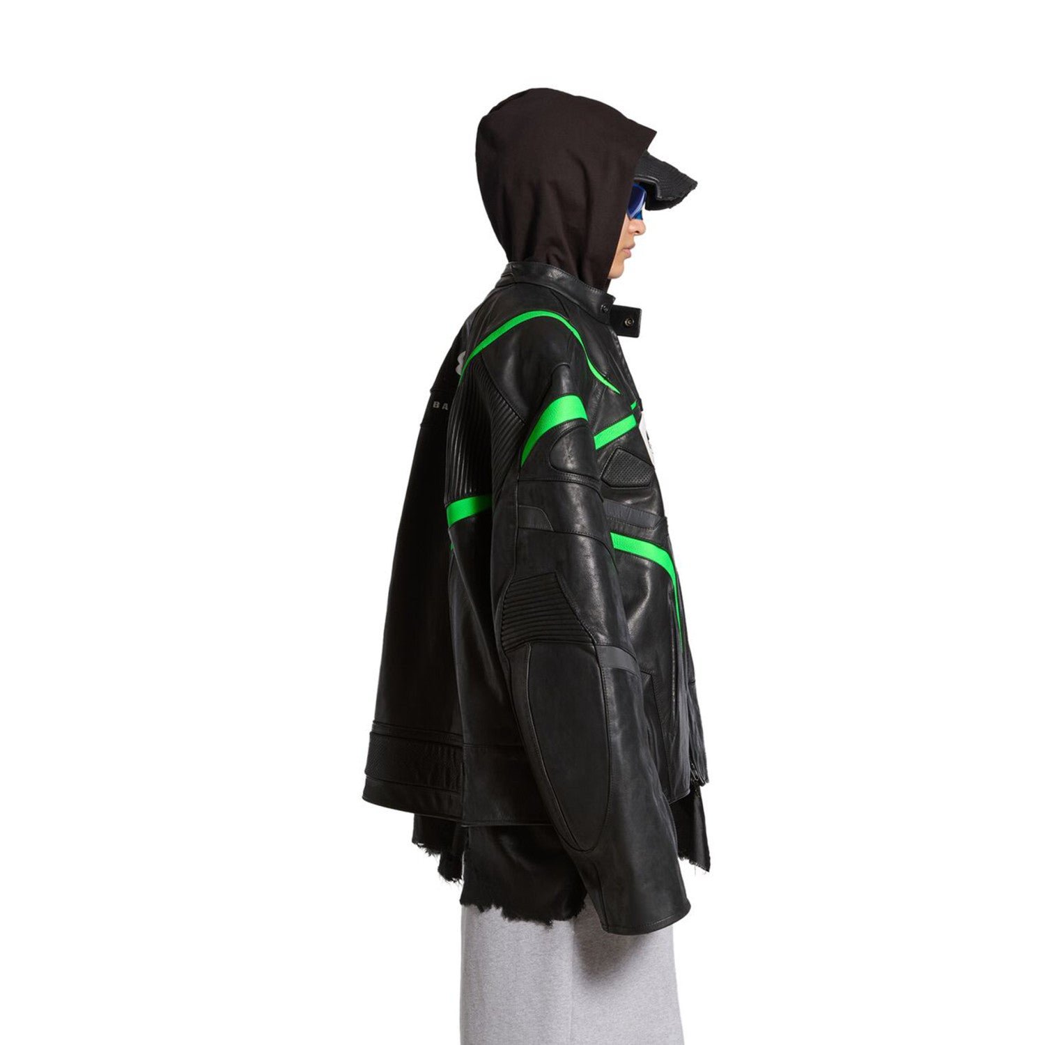 Balenciaga Men's Women's Autumn And Winter Cowhide Splicing Zipper Letters Embroidery Long Beard Loose Unity Sports Idol Black Racer Jacket Ngvp #8577