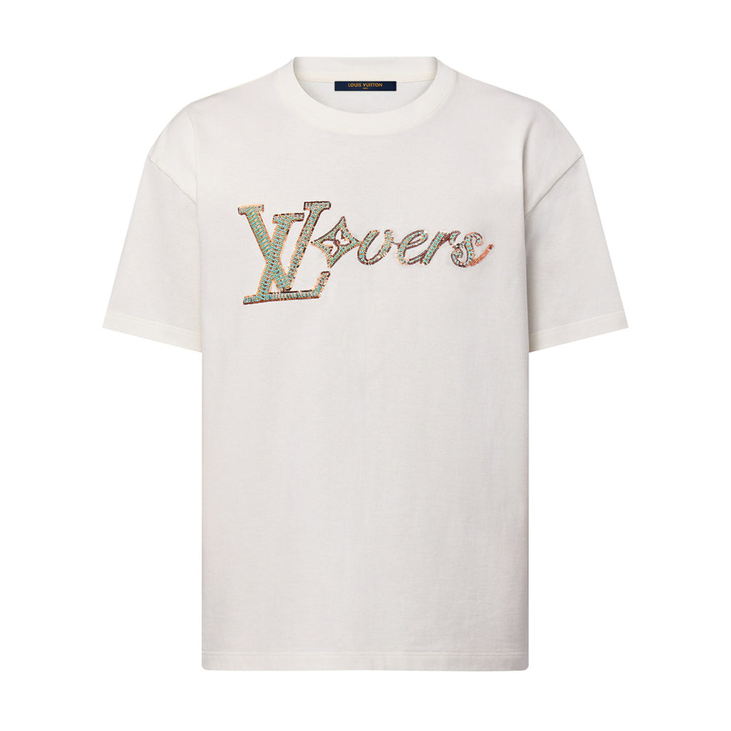 Louis Vuitton Men's Summer Embroidery Beaded Letter Logo White Round Neck Short Sleeve T-Shirt #99737