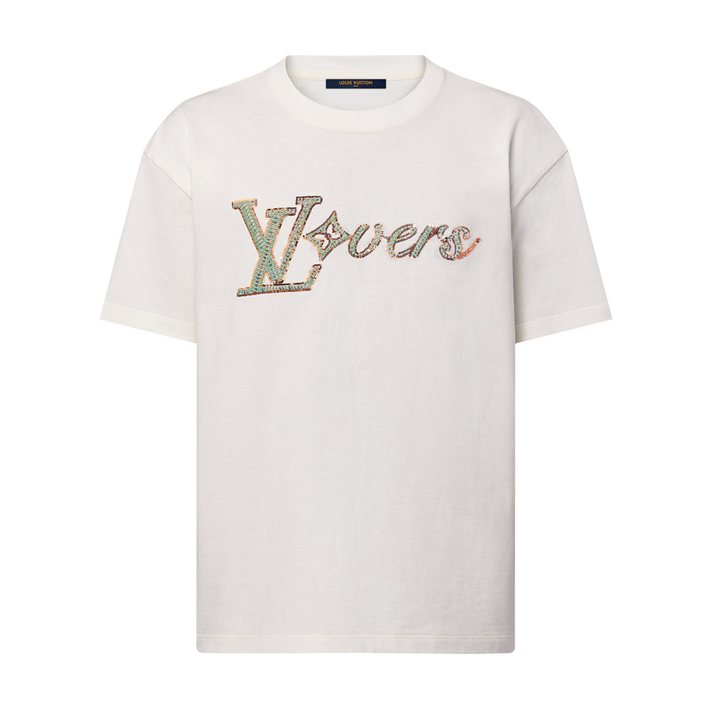 Louis Vuitton Men's Summer Embroidery Beaded Letter Logo White Round Neck Short Sleeve T-Shirt #99737
