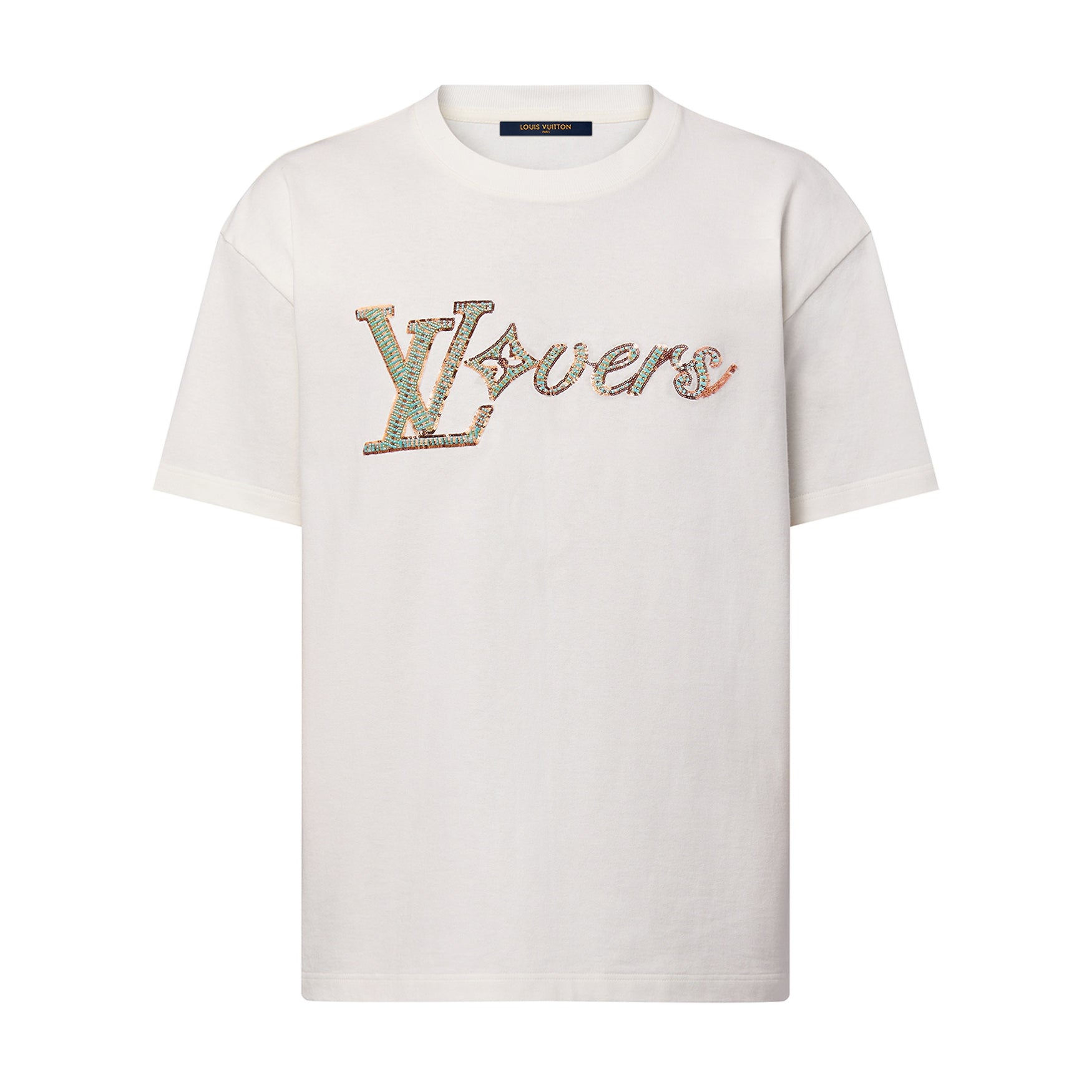 Louis Vuitton Men's Summer Embroidery Beaded Letter Logo White Round Neck Short Sleeve T-Shirt #99737