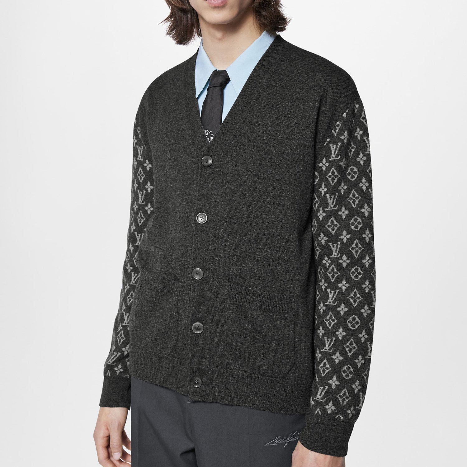 Louis Vuitton Men's Summer Dark Gray Monogram Mix Cashmere Cardigan Men's Knitted Shirt #97122