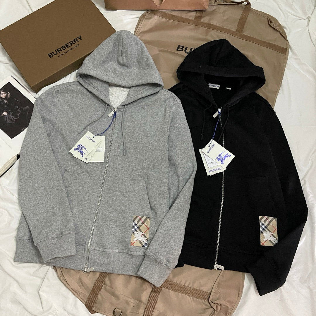 Burberry Men's Spring and Autumn Plaid Label Cotton Zipper Hooded Long Sleeve Sweatshirt Jacket Casual Elastic Waist Pants Set Suit #75593