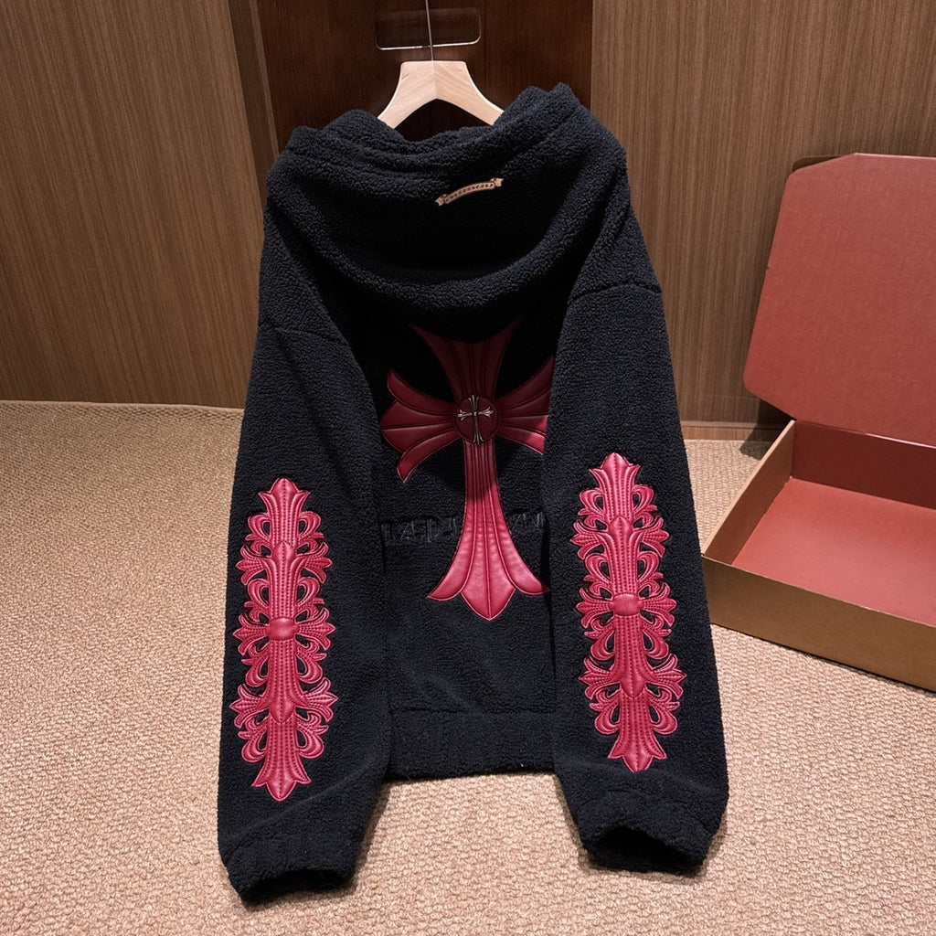 Chrome Women's and Men's Fall/Winter Hearts Polar Fleece Red Leather Cross Coat Embroidered Flowers  #332923