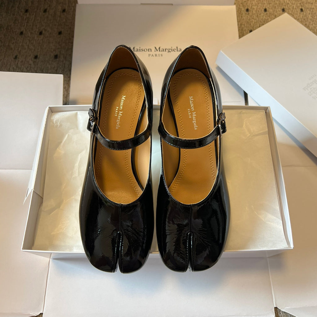 Maison Margiela Women's Spring/Fall Fashion Classic Round Toe Slip On Solid Color Leather Chunky Heel Mary Jane Split Toe Shoes #78646