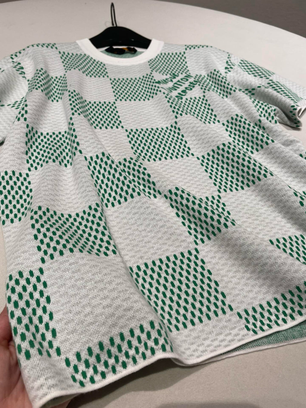 Louis Vuitton Men's Summer White Green Plaid Pattern Round Neck Cotton Short Sleeve T-Shirt #98739