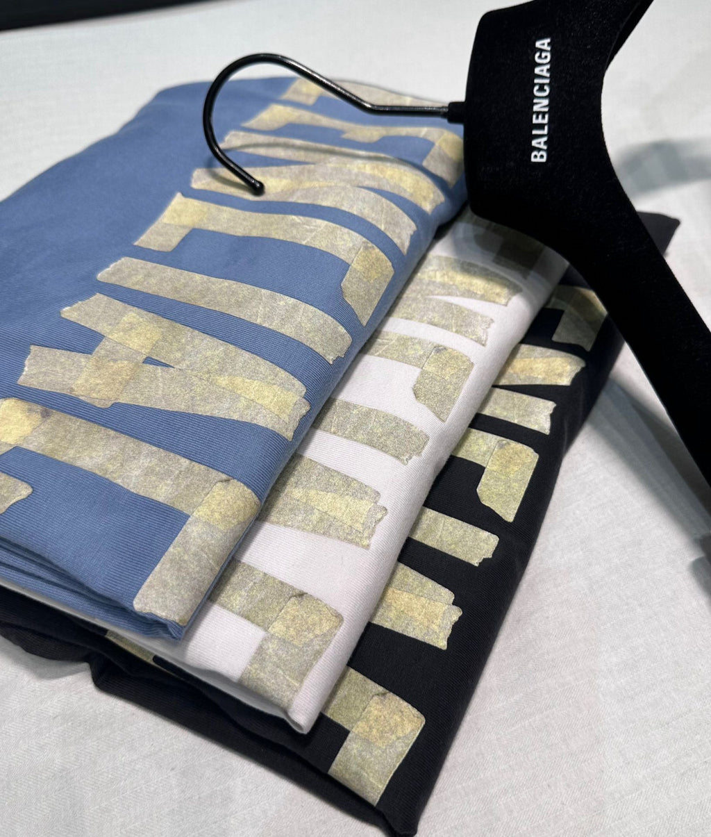 Balenciaga Men's and Women's Tape Type T-Shirt Medium Fit In Faded Letter Print Round Neck Loose Fit Short Sleeve T-Shirt #98566