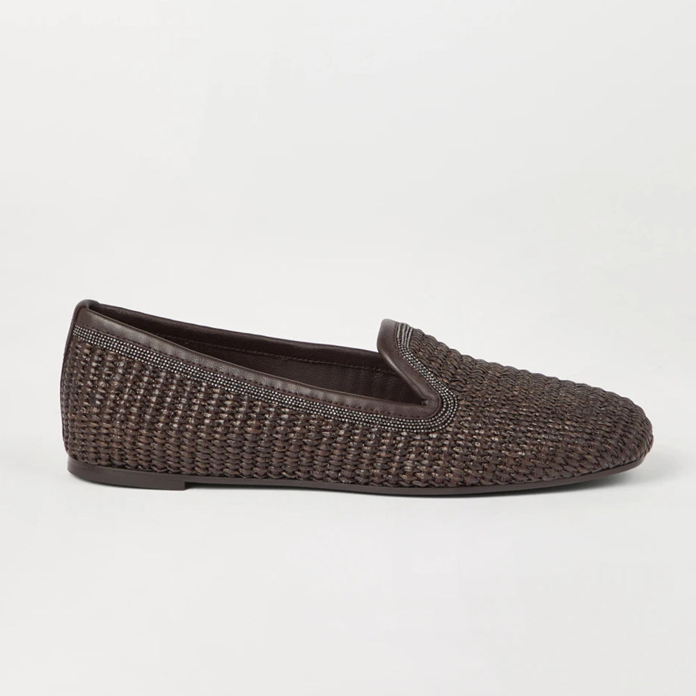 Brunello Cucinelli Women's Techno Raffia Slippers With Precious Trim Round Toe Solid Color Single Shoes Sheepskin Tassel Embellished Four Seasons Casual Flats Shoes Ngvp #1537