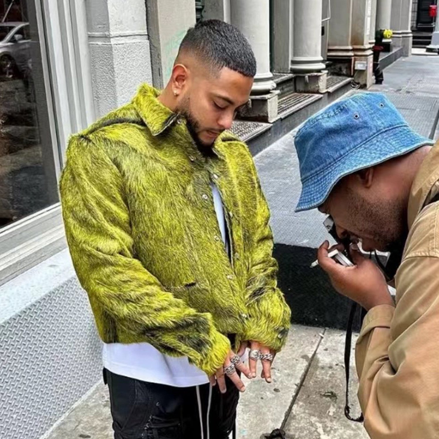 Rick Owens Men's spring and fall trend of high street retro yellow-green plush cowhide jacket lapel single-breasted casual jacket Ngvp #8247