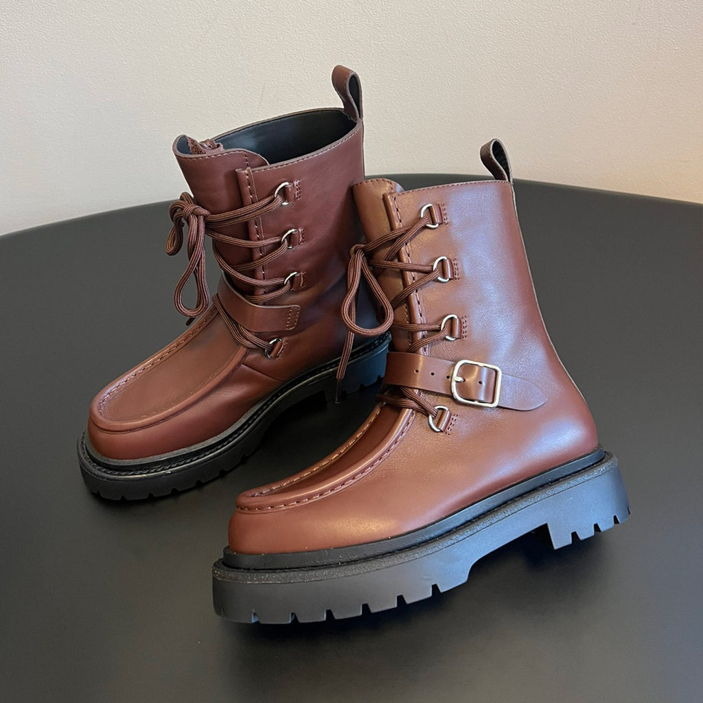 Hermes Women's Fall/Winter Land Ankle Boots Solid-Color Cowhide Lace-Up Short Boots Outdoor Boots Heel Height: 3.5cm Shoes Ngvp #2325