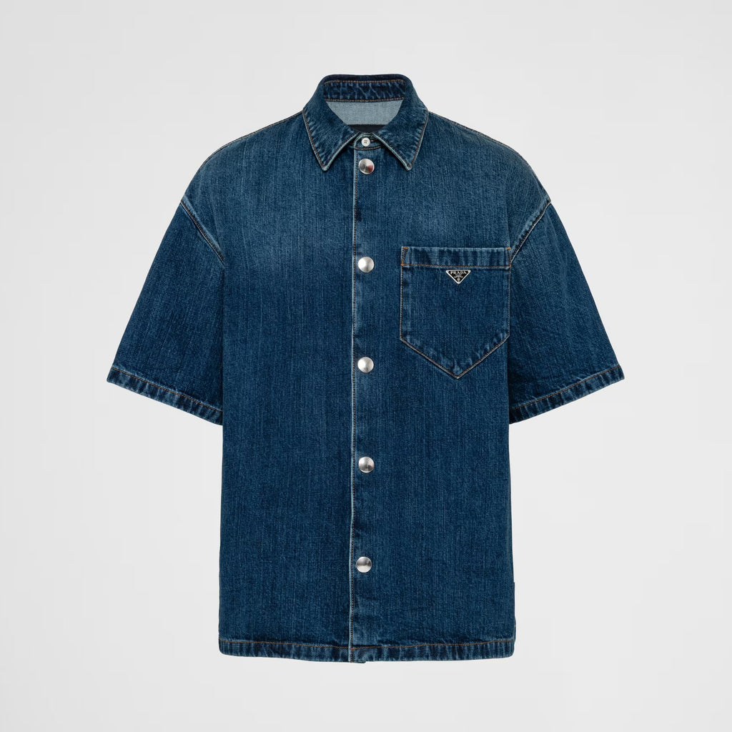 Prada Men's Spring Summer Solid Colour Metal Triangle Logo Single Breasted Short Sleeve Denim Shirt Jacket #76867
