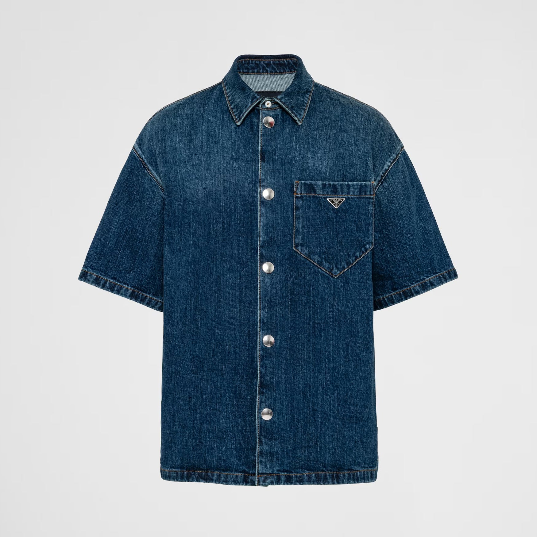 Prada Men's Spring Summer Solid Colour Metal Triangle Logo Single Breasted Short Sleeve Denim Shirt Jacket #76867
