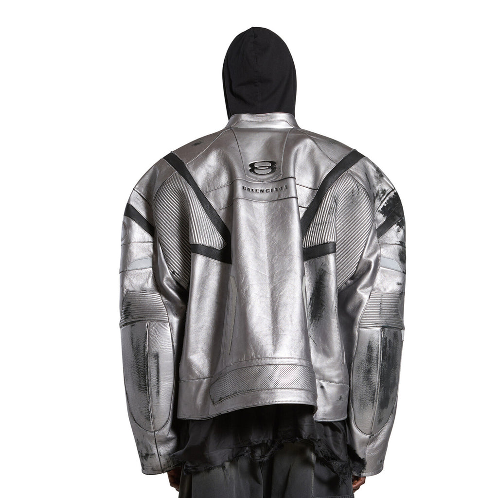 Balenciaga Men's Women's Autumn And Winter Cowhide Old Splicing Unity Sports Idol Silver Zipper Standing Collar Long Sleeve Loose Racer Jacket Ngvp #8579