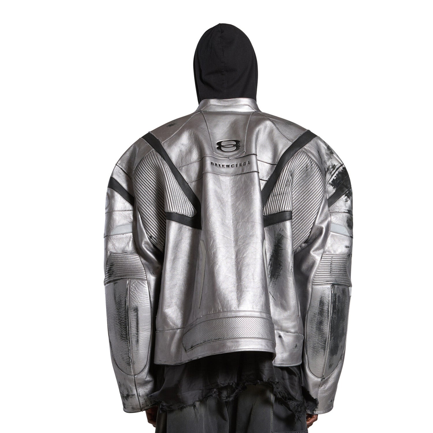 Balenciaga Men's Women's Autumn And Winter Cowhide Old Splicing Unity Sports Idol Silver Zipper Standing Collar Long Sleeve Loose Racer Jacket Ngvp #8579