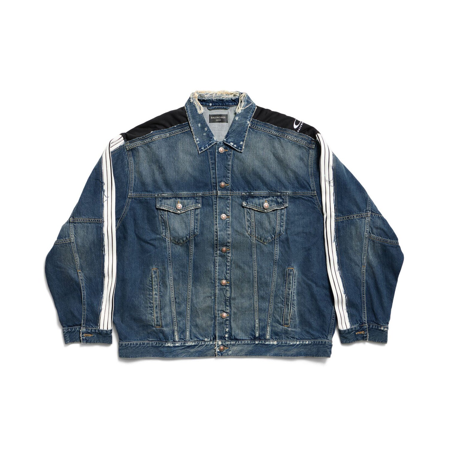 Balenciaga CUT-UP Men's Spring/autumn Fashion Casual Striped Single Breasted Pocket Striped Long Sleeved Collared Loose Fitting Denim Jacket #78365