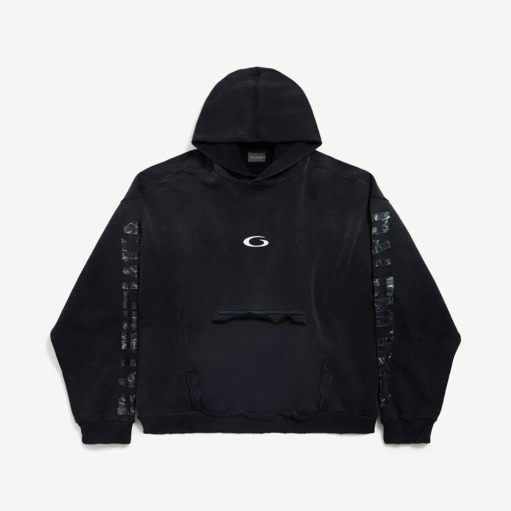 Balenciaga Men's Transparent Tape Ripped Pocket Hoodie in Faded Black #336331
