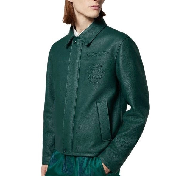 Louis Vuitton Men's Fall And Winter Green Retro Embossed Leather Long-sleeved Shirt Cowhide Jacket Fashion Trend Leisure Lapel Zipper Leather Jacket #81126