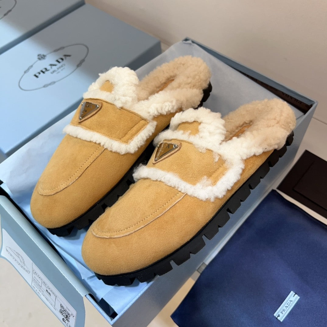 Prada Women's Fall/Winter Fashion Casual Round Toe Open Back Classic Logo Triangle Label Shearling Slippers Shoes #79521